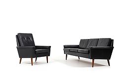 Mid Century Danish black Leather Sofa Set