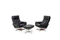 Pair of Scandinavian black Leather Lounge Chairs with Ottoman