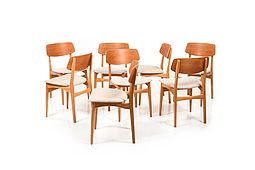 Set of 8 Danish Dining Chairs in Teak and Oak 1950s.