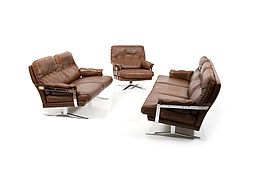 Vintage Hand-Stitched Leather and Chrome Seating Group by Arne Norell